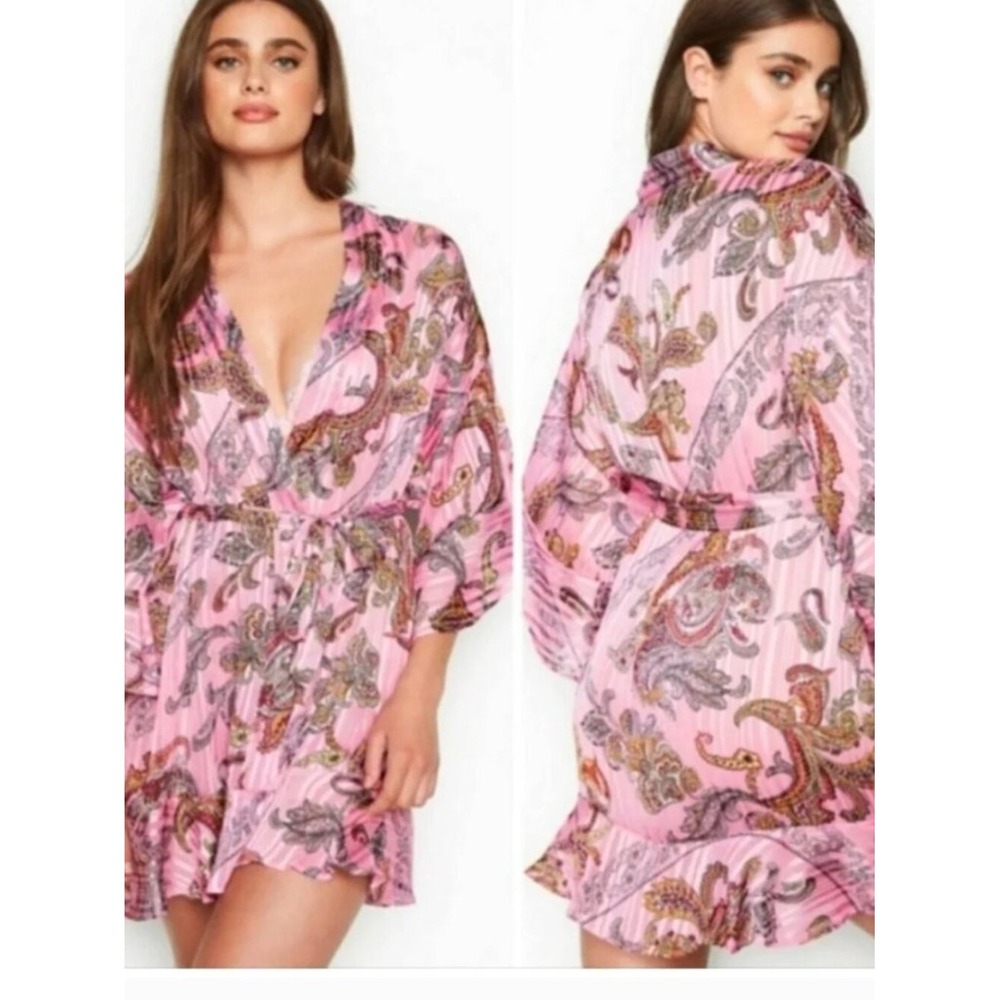 Victoria Secret Robe Womens XS S Pink‎ Paisley Sheer Ruffle Kimono Wrap